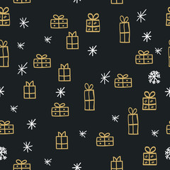 Merry Christmas and Happy New Year seamless background with traditional symbols: snowflakes and gifts