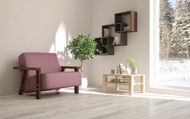 White idea of minimalist room with armchair. Scandinavian interior design. 3D illustration