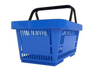 Double handle portable plastic shopping basket for supermarket. 3d isolated illustration on white background. Digitally generated image.