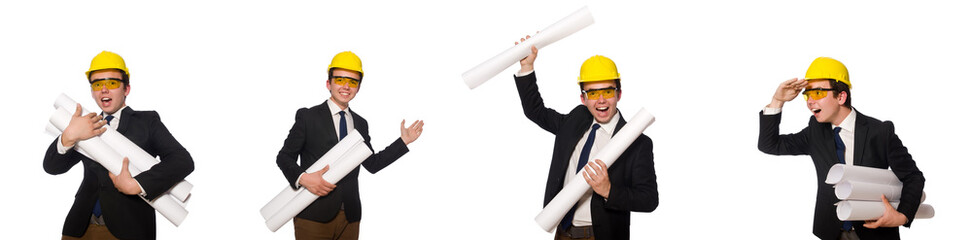 Funny architect with drawings on white