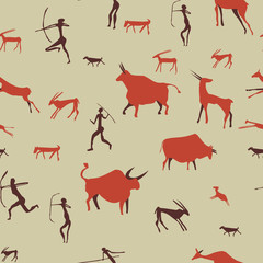 Cave drawing pattern; Ancient rock-painting stone age illustration vector