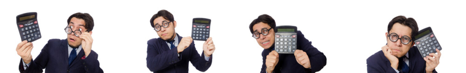 Funny man with calculator isolated on white