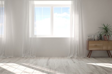 Idea of white empty room with shelf. Scandinavian interior design. 3D illustration