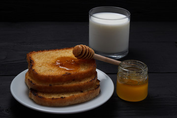 Toasts on a white plate, a glass of milk and a jar of honey with a honey spoon