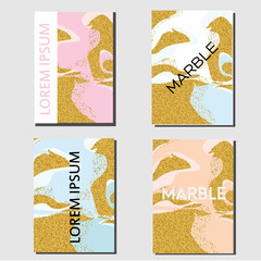 Rose gold blue marble covers. Flyer design template. Abstract background with marbling effect. Fashionable banner, invitation, advertisement
