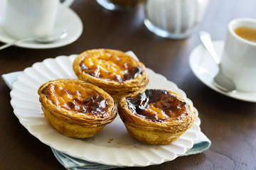 Pasteis de Nata or Belém, Portuguese Custard Tarts, with Espresso in Cafe