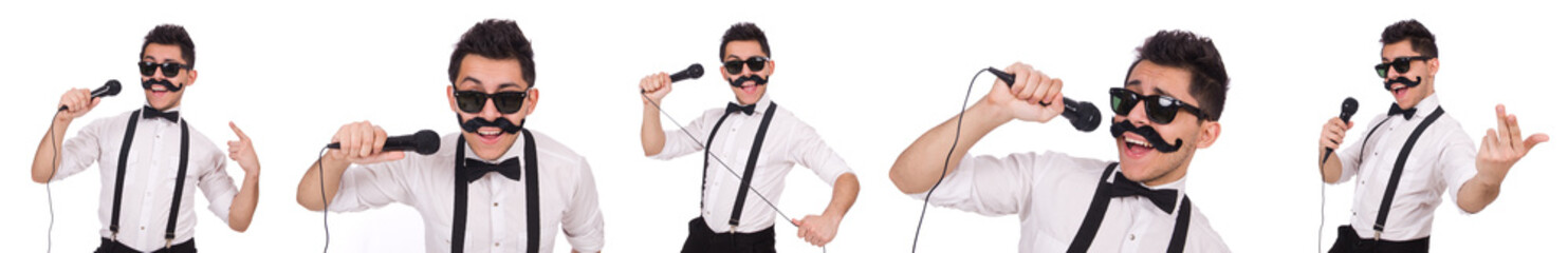 Funny man with mic isolated on white