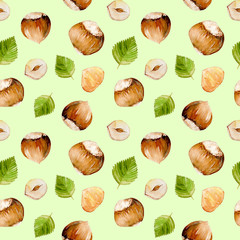 Seamless pattern with watercolor hazelnut elements, hand painted isolated on a green background