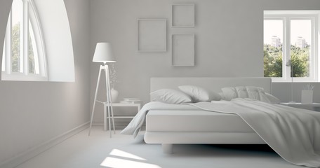 Inspiration of white bedroom. Scandinavian interior design. 3D illustration