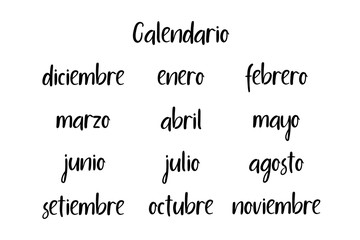 Handwritten Months. Spanish language. Modern Calligraphy. Isolated on White Background. Vector illustration for design calendar 2018, greeting card, planner, organizer, invitation.