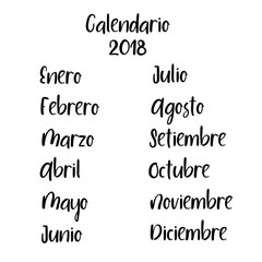 Handwritten Months. Spanish language. Modern Calligraphy. Isolated on White Background. Vector illustration for design calendar 2018, greeting card, planner, organizer, invitation.