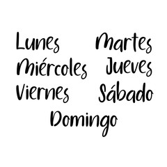 Handwritten days of the week: Monday, Tuesday, Wednesday, Thursday, Friday, Saturday, Sunday. Spanish language. Semana. Black ink calligraphy words isolated on white background. Vector Calligraphy.