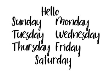 Handwritten days of the week: Monday, Tuesday, Wednesday, Thursday, Friday, Saturday, Sunday. Black ink calligraphy words isolated on white background. Vector Calligraphy.