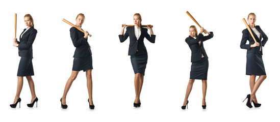 Businesswoman with baseball bat on white