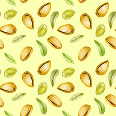 Seamless pattern with watercolor pistachios elements, hand painted isolated on a yellow background