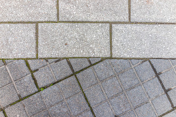 Macro closeup of tiled cobblestone street in summer with green weeds