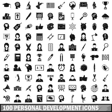 100 personal development icons set, simple style 