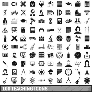 100 teaching icons set, simple style 