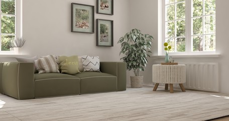 Fototapeta premium Idea of white room with sofa and summer landscape in window. Scandinavian interior design. 3D illustration