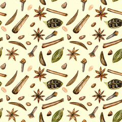 Seamless pattern with watercolor spices (cinnamon, anise, caraway, cardamom and cloves), hand drawn isolated on a light beige background