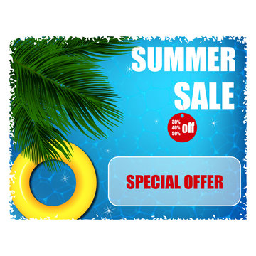 Summer banner with the announcement of discounts on the background of blue water with highlights and palm leaves.