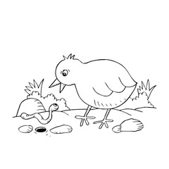 Cartoon cute chicken with worm.
