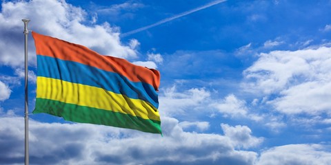 Mauritius waving flag on blue sky. 3d illustration