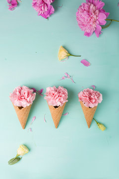 Fototapeta Pink carnations on a blue background. Flowers. Copyspace. Flower photo concept. Flowers in waffle cones, Peonies on a green background. Peonies