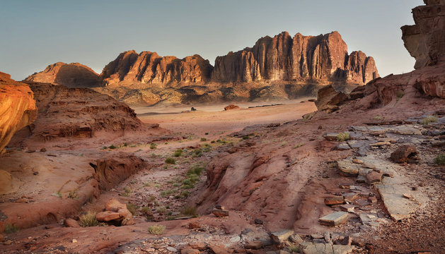 Scenic View Of Wadi Rum Against Clear Sky During Sunrise, Arabian Desert, Jordan