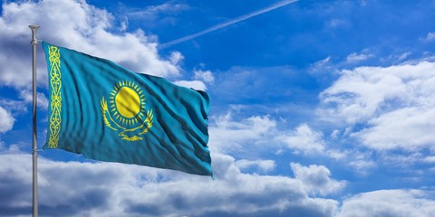 Kazakhstan waving flag on blue sky. 3d illustration