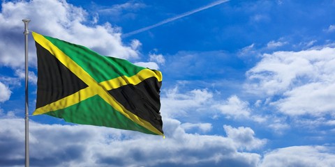 Jamaica waving flag on blue sky. 3d illustration