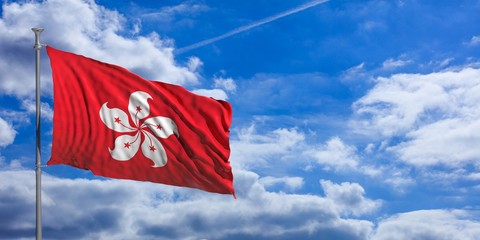 Hong Kong waving flag on blue sky. 3d illustration