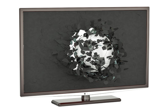 Soccer Ball Flying Through Broken Screen Of TV Set, 3D Rendering