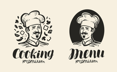 Portrait of happy chef, logo. Icon and label for design menu restaurant or cafe. Lettering, calligraphy vector illustration