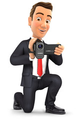 3d businessman filming with video camera