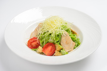 Caesar salad with chicken fillet. White background, menu concept.