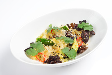 Chinese salad with mushrooms and cucumber. White background, menu concept.