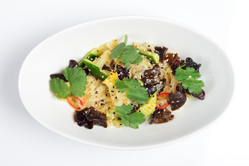 Chinese salad with mushrooms and cucumber. White background, menu concept. Flat lay.