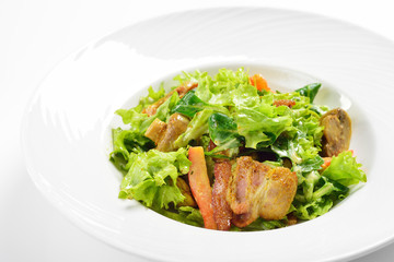 Warm salad with bacon and mushrooms, menu concept.