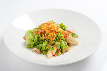 Warm salad with squid, vegetables with grape sauce. White background, menu concept.