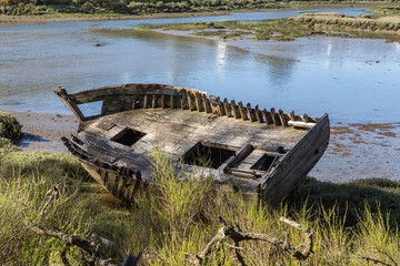 Shipwreck of wooden boat washed ashore
