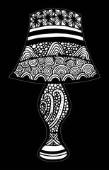 Hand drawn black and white retro table lamp illustration