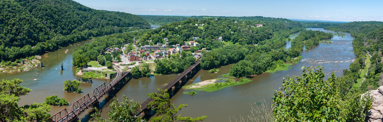 Fototapeta na wymiar Wide Panorama Overlooking Harpers Ferry, West Virginia from Maryland Heights