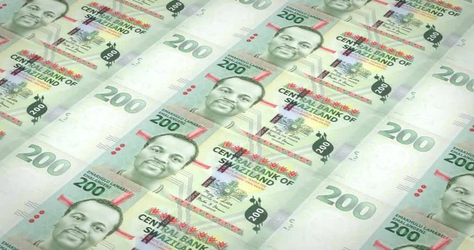 Series of banknotes of two hundred Swazi emalangeni of the Central Bank of Swaziland rolling on screen, coins of the world, cash money, loop