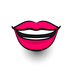 Pop art woman smile, dare, open lips, wow tooth, dental. Comics book girl face body part kitch. Cartoon girl lipstick label tag expression. Funny mood emotion sound effects. Vector illustration.