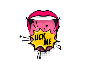 Pop art woman show tongue smile lips girl power, wow. Comics book balloon. Bubble speech phrase. Cartoon girl lipstick font label tag expression. Comic text sound effects. Vector illustration.