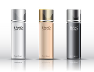 Realistic cosmetic bottle set. White, Black, Gold, Silver