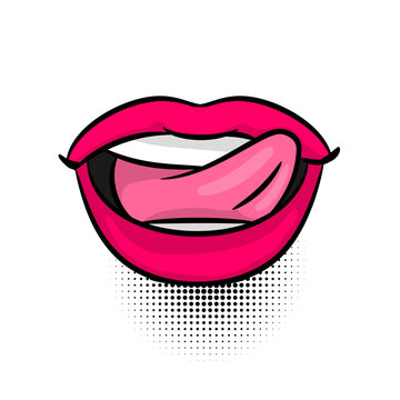 Pop art woman show tongue smile, dare, open lips, wow. Comics book girl face body part kitch. Cartoon girl lipstick label tag expression. Funny mood emotion sound effects. Vector illustration.