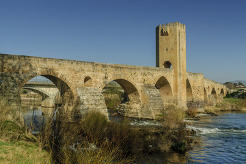 medieval bridge on the river Ebro in the city of Frias and of its castle in the north of the province of Burgos in Spain.