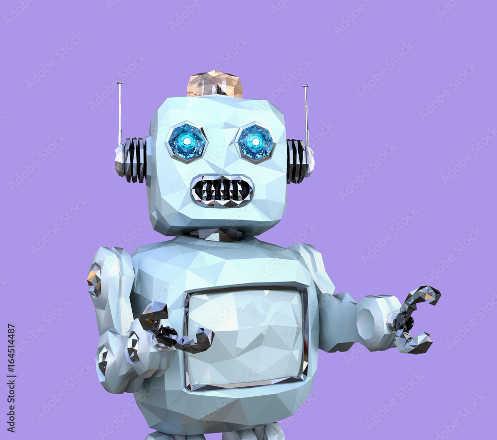 Aufkleber low poly walking retro robot isolated on purple background. 3d rendering image.